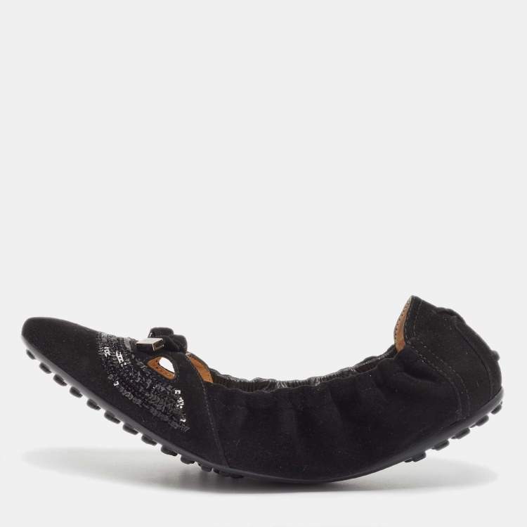 Pre Owned Tod's Black Suede Ballet Flats Size 37.5