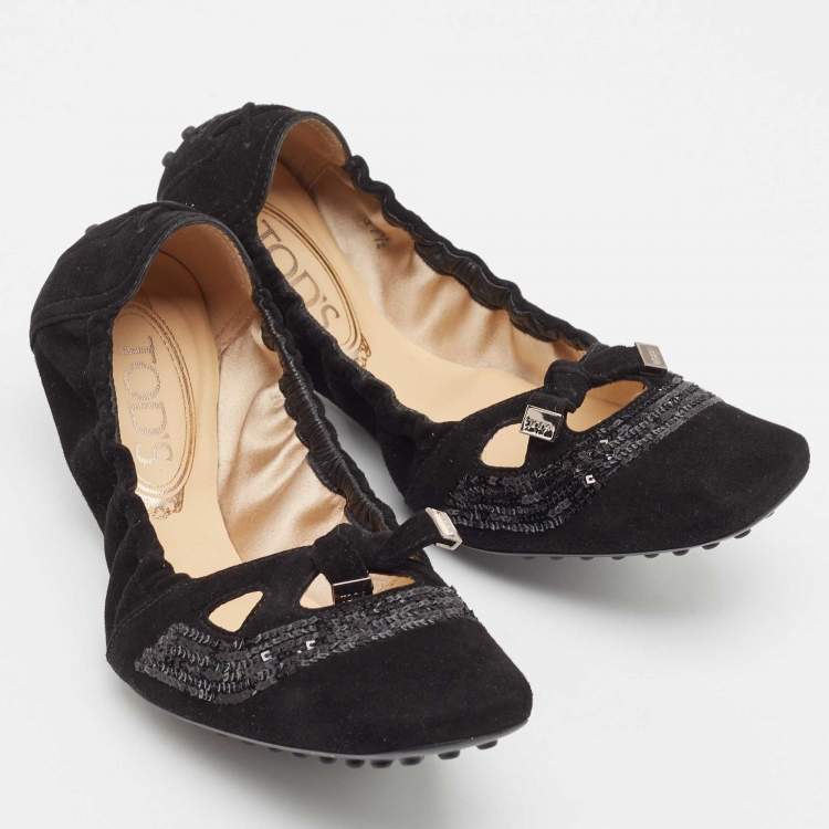 Pre Owned Tod's Black Suede Ballet Flats Size 37.5