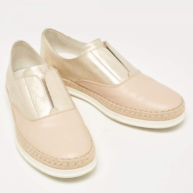 Pre Owned Tod's Beige/Gold Leather Espadrille Flat Size 36