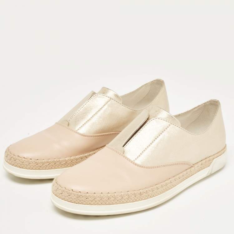 Pre Owned Tod's Beige/Gold Leather Espadrille Flat Size 36