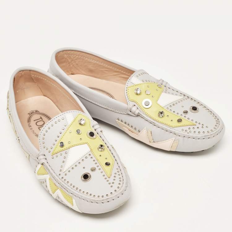 مملوكة مسبقًا Tod's Multicolor Grey Leather Embellished Slip On Loafers Size 37