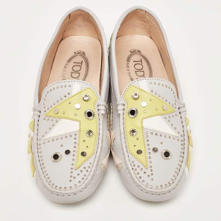 مملوكة مسبقًا Tod's Multicolor Grey Leather Embellished Slip On Loafers Size 37