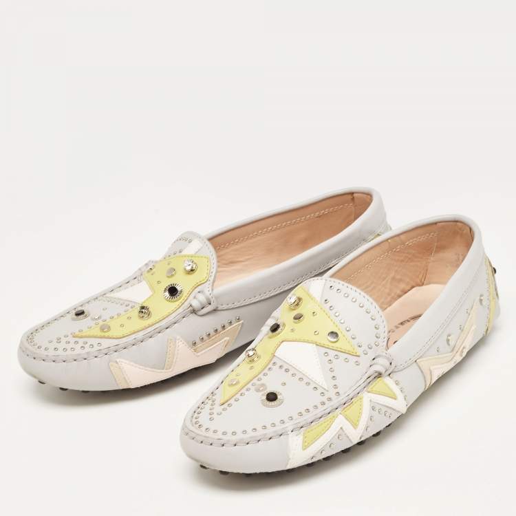 مملوكة مسبقًا Tod's Multicolor Grey Leather Embellished Slip On Loafers Size 37