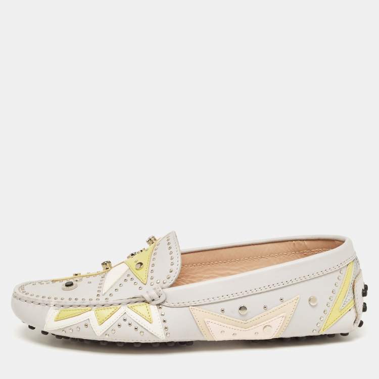 مملوكة مسبقًا Tod's Multicolor Grey Leather Embellished Slip On Loafers Size 37