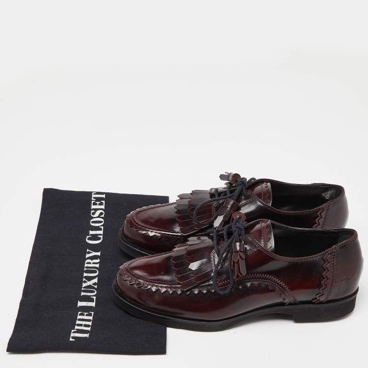 Pre Owned Tod's Burgundy Leather Tassel Bow Fringe Detail Loafers Size 36.5