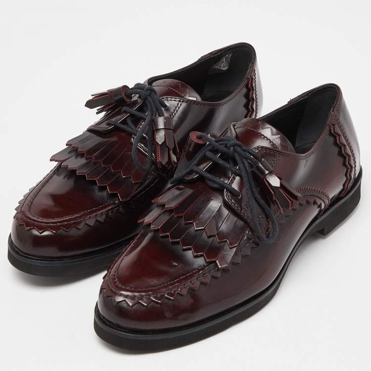 Pre Owned Tod's Burgundy Leather Tassel Bow Fringe Detail Loafers Size 36.5