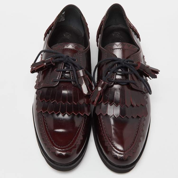 Pre Owned Tod's Burgundy Leather Tassel Bow Fringe Detail Loafers Size 36.5