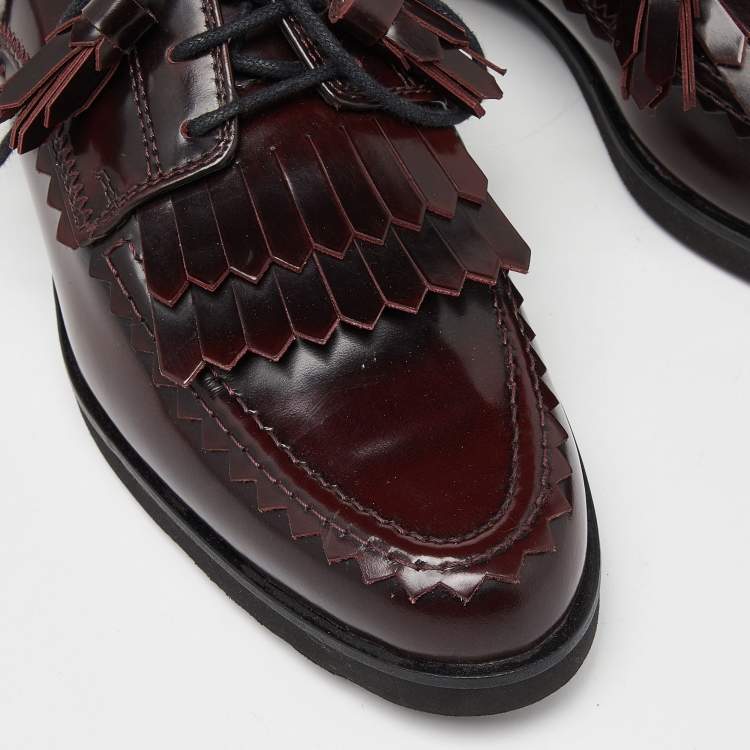 Pre Owned Tod's Burgundy Leather Tassel Bow Fringe Detail Loafers Size 36.5