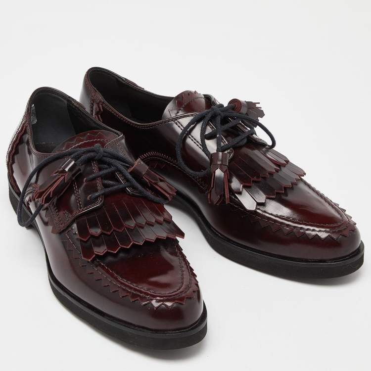 Pre Owned Tod's Burgundy Leather Tassel Bow Fringe Detail Loafers Size 36.5