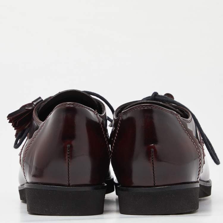 Pre Owned Tod's Burgundy Leather Tassel Bow Fringe Detail Loafers Size 36.5