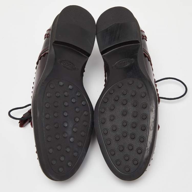 Pre Owned Tod's Burgundy Leather Tassel Bow Fringe Detail Loafers Size 36.5