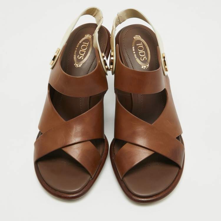 Pre Owned Tod's Brown/Cream Leather  Slingback Block Heel Sandals Size 37