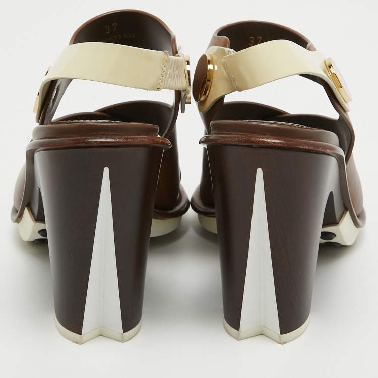 Pre Owned Tod's Brown/Cream Leather  Slingback Block Heel Sandals Size 37
