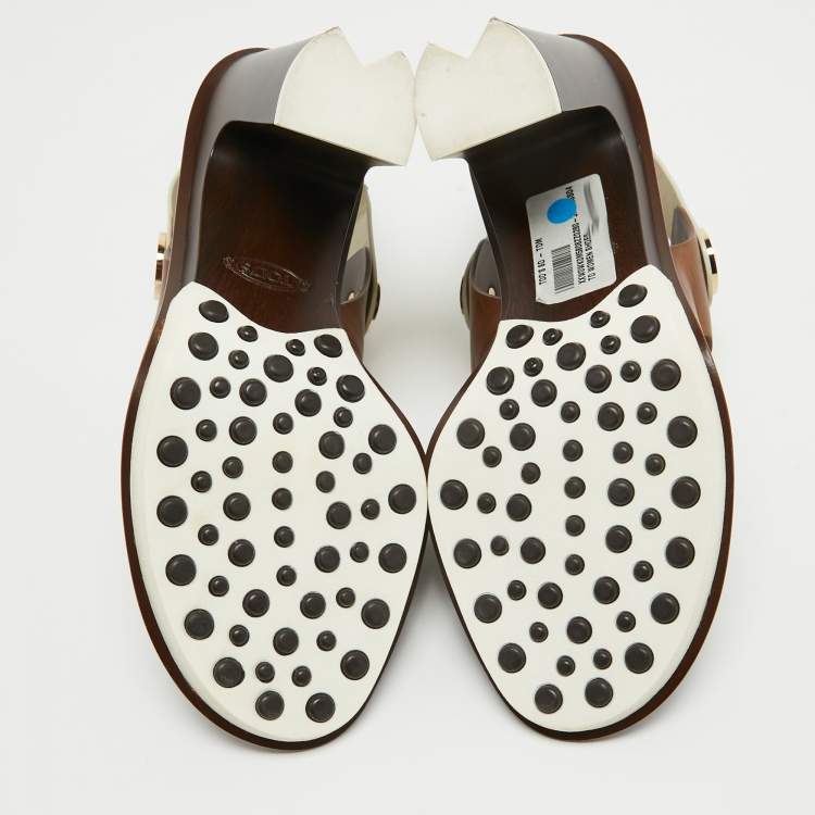 Pre Owned Tod's Brown/Cream Leather  Slingback Block Heel Sandals Size 37