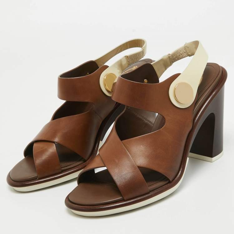 Pre Owned Tod's Brown/Cream Leather  Slingback Block Heel Sandals Size 37