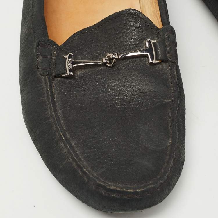 Pre Owned Tod's Black Textured Nubuck Leather Buckle Loafers Size 40