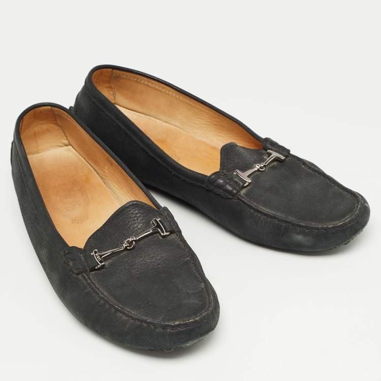 Pre Owned Tod's Black Textured Nubuck Leather Buckle Loafers Size 40