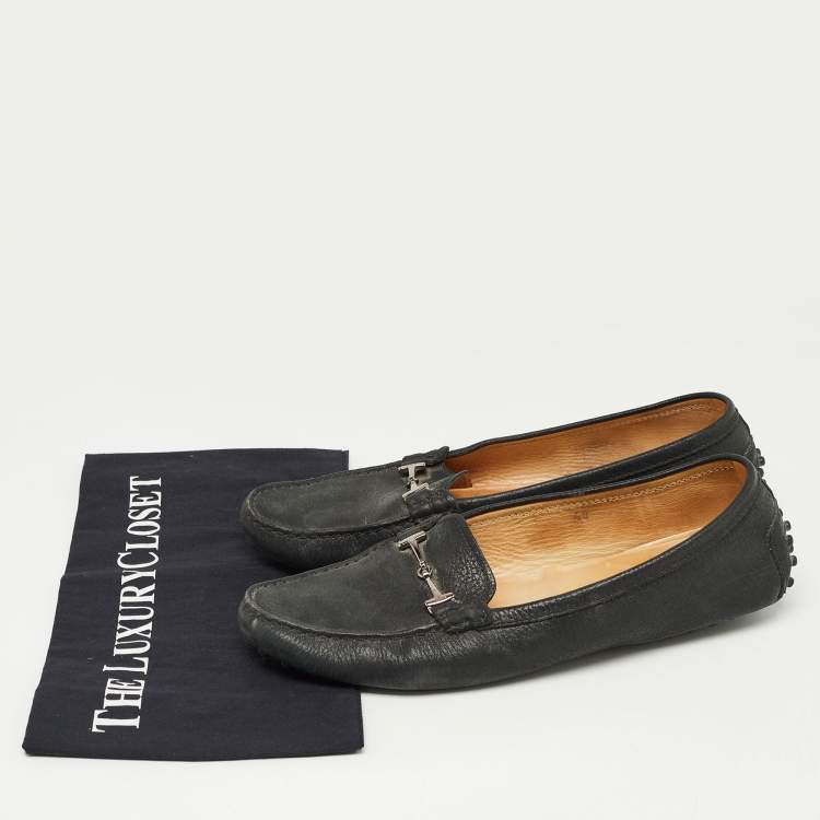 Pre Owned Tod's Black Textured Nubuck Leather Buckle Loafers Size 40