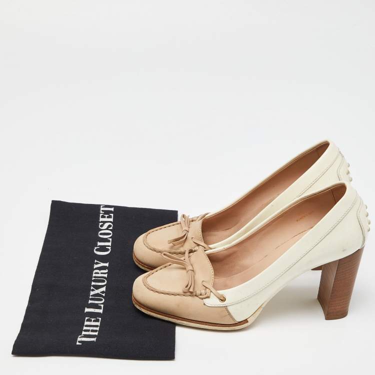 Pre Owned Tod's Two Tone Beige Leather and Patent Block Heel Pumps Size 38