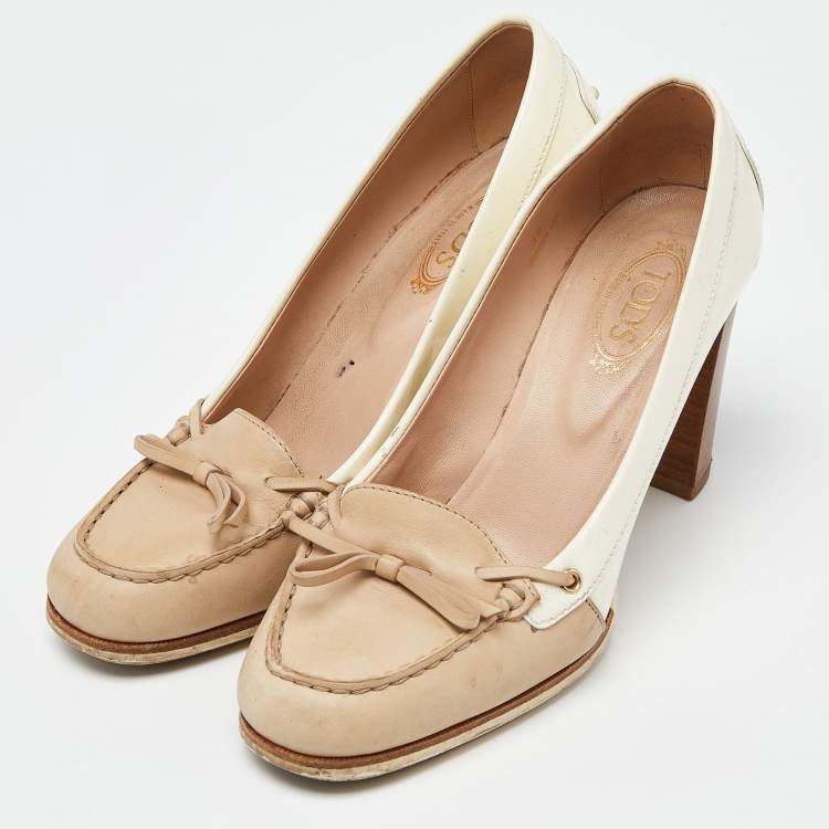 Pre Owned Tod's Two Tone Beige Leather and Patent Block Heel Pumps Size 38