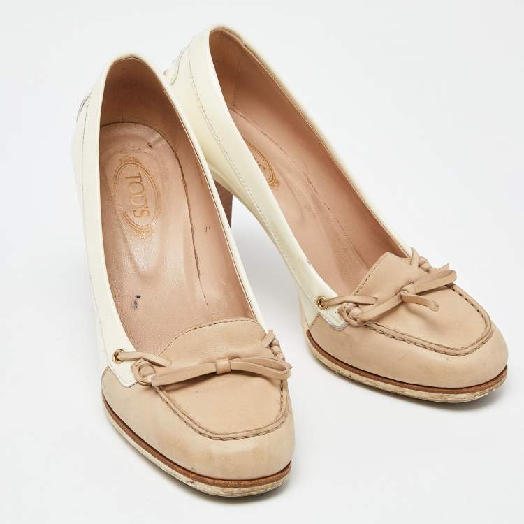 Pre Owned Tod's Two Tone Beige Leather and Patent Block Heel Pumps Size 38