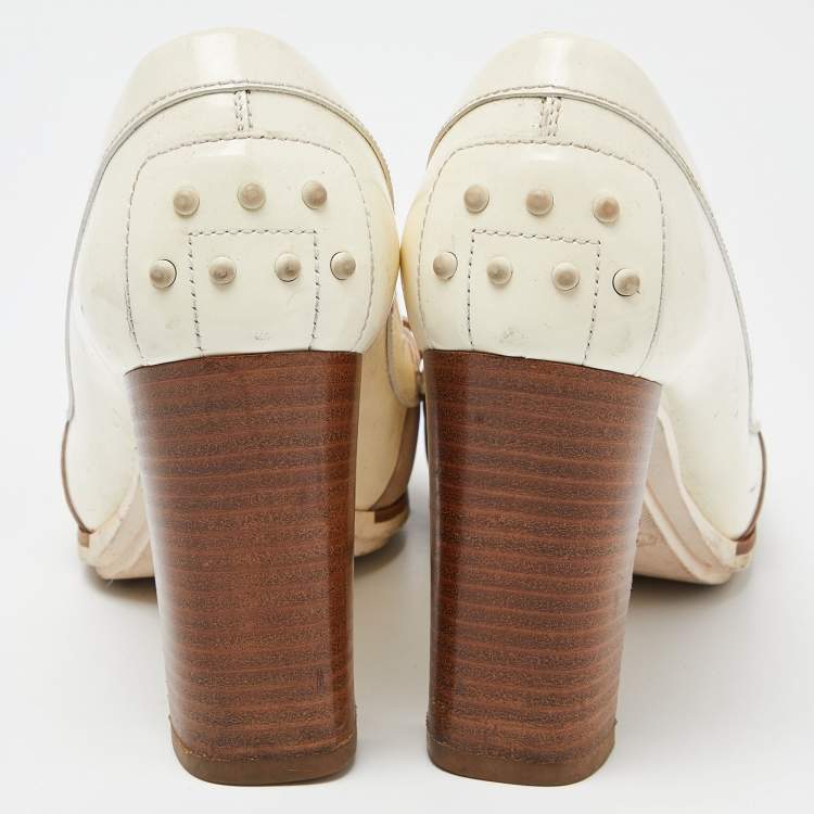 Pre Owned Tod's Two Tone Beige Leather and Patent Block Heel Pumps Size 38