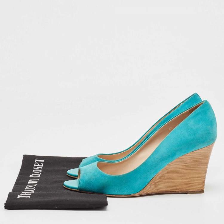 Pre Owned Tod's Blue Suede Peep Toe Wedge Pumps Size 40