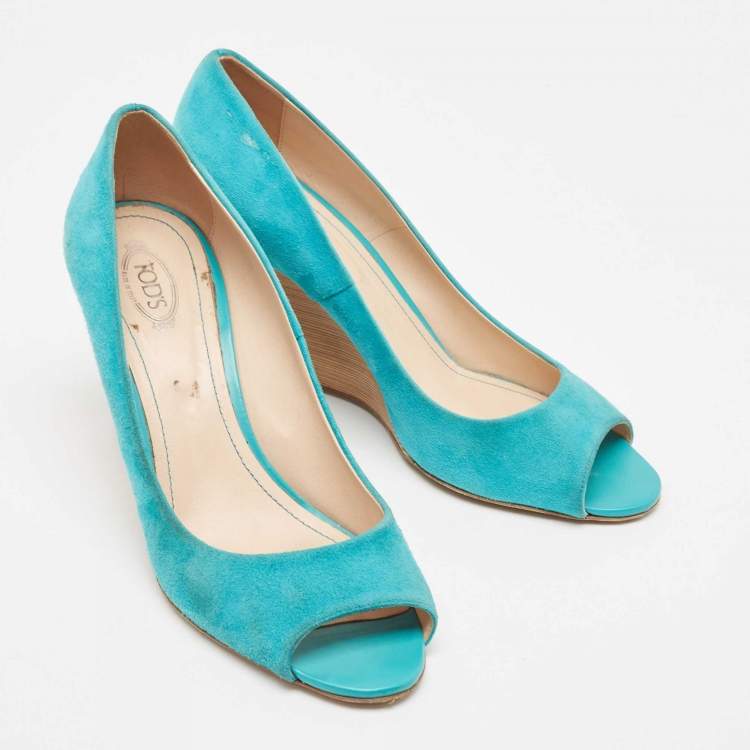 Pre Owned Tod's Blue Suede Peep Toe Wedge Pumps Size 40