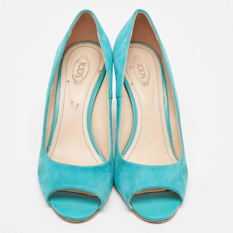 Pre Owned Tod's Blue Suede Peep Toe Wedge Pumps Size 40