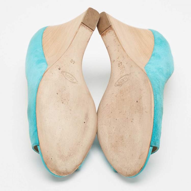 Pre Owned Tod's Blue Suede Peep Toe Wedge Pumps Size 40