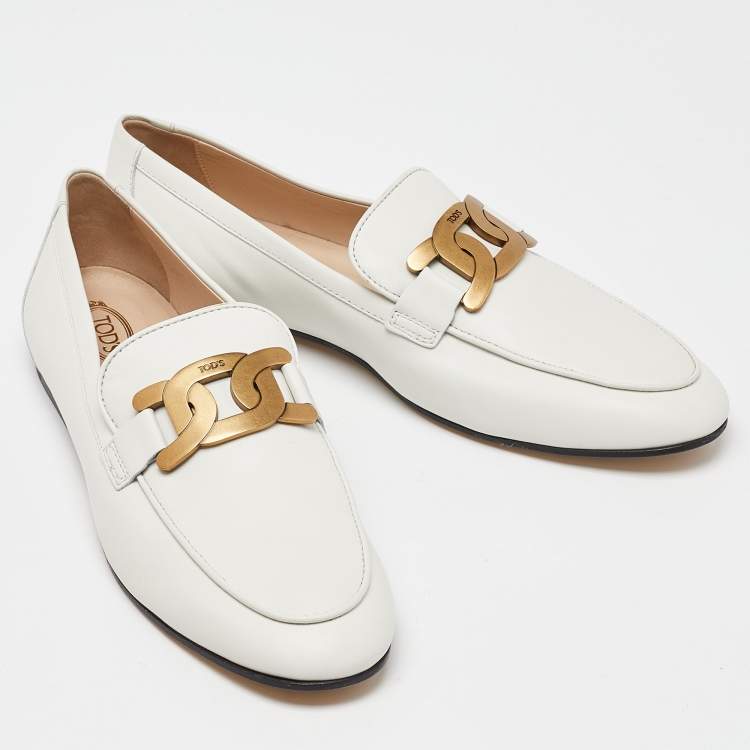 Pre Owned Tod's Off White Leather Kate Chain Loafers Size 42