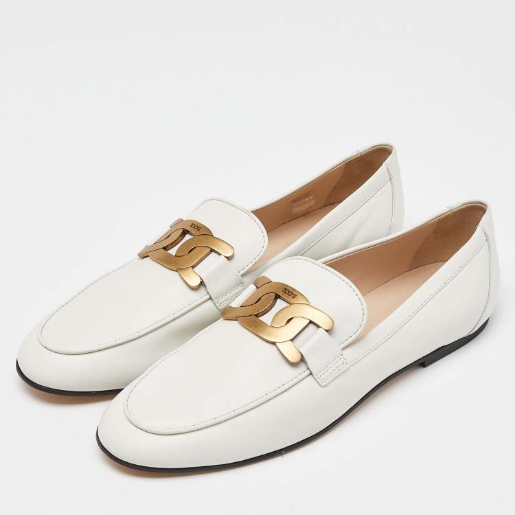 Pre Owned Tod's Off White Leather Kate Chain Loafers Size 42