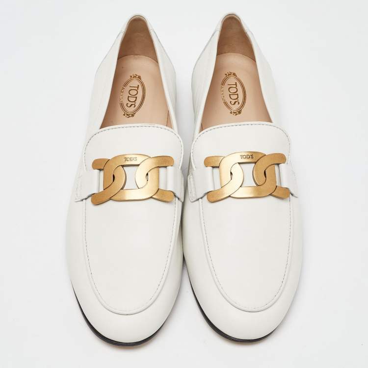 Pre Owned Tod's Off White Leather Kate Chain Loafers Size 42