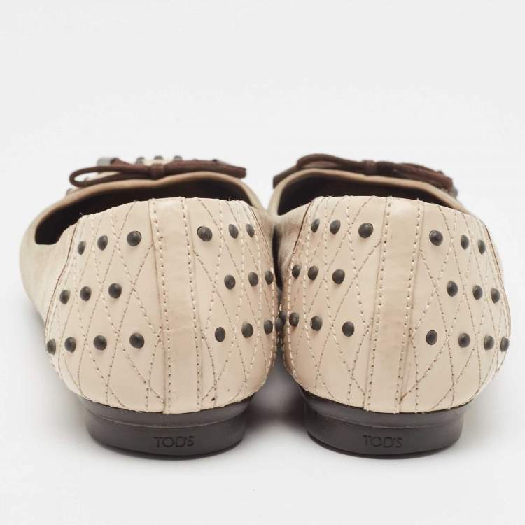 Pre Owned Tod's Two Tone Suede and Studded Leather Bow Ballet Flats Size 39