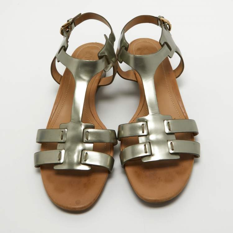 Pre Owned Tod's Metallic Leather Wedge Ankle Strap Sandals Size 36.5