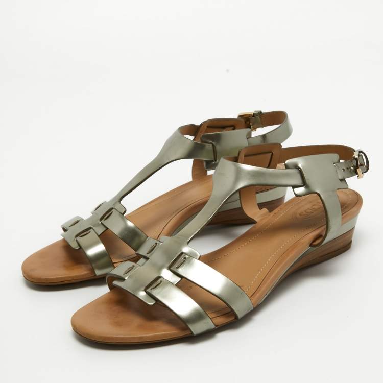 Pre Owned Tod's Metallic Leather Wedge Ankle Strap Sandals Size 36.5