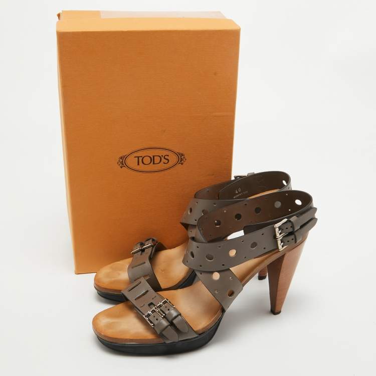 Pre Owned Tod's Grey Leather Perforated Platform Ankle Strap Sandals Size 40