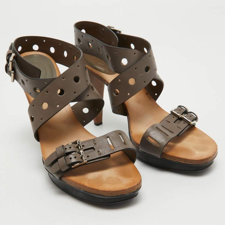 Pre Owned Tod's Grey Leather Perforated Platform Ankle Strap Sandals Size 40