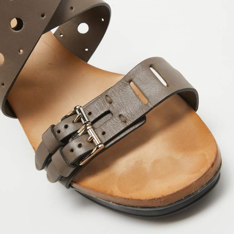 Pre Owned Tod's Grey Leather Perforated Platform Ankle Strap Sandals Size 40