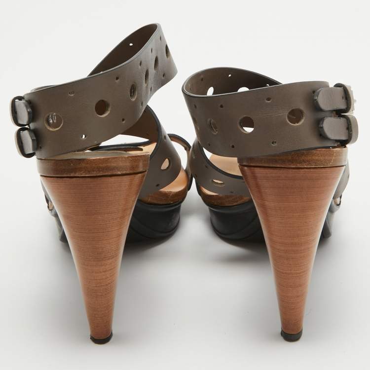 Pre Owned Tod's Grey Leather Perforated Platform Ankle Strap Sandals Size 40