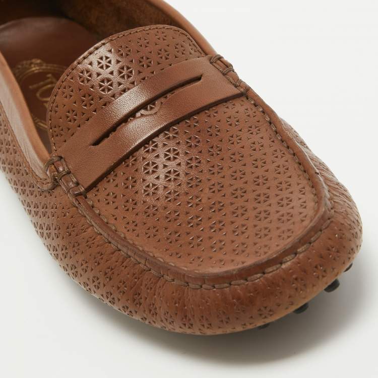 Pre Owned Tod's Brown Perforated Leather Penny Slip On Loafers Size 37.5