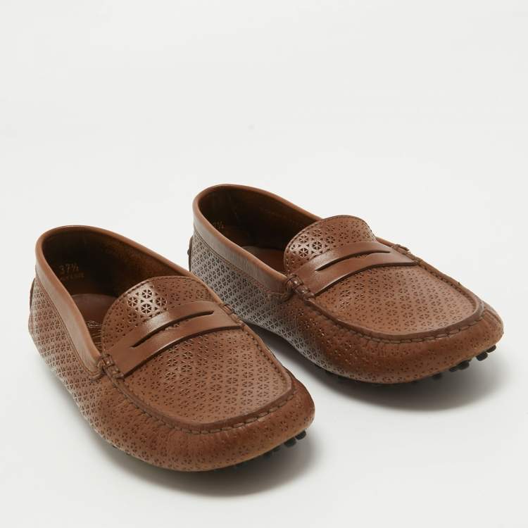 Pre Owned Tod's Brown Perforated Leather Penny Slip On Loafers Size 37.5