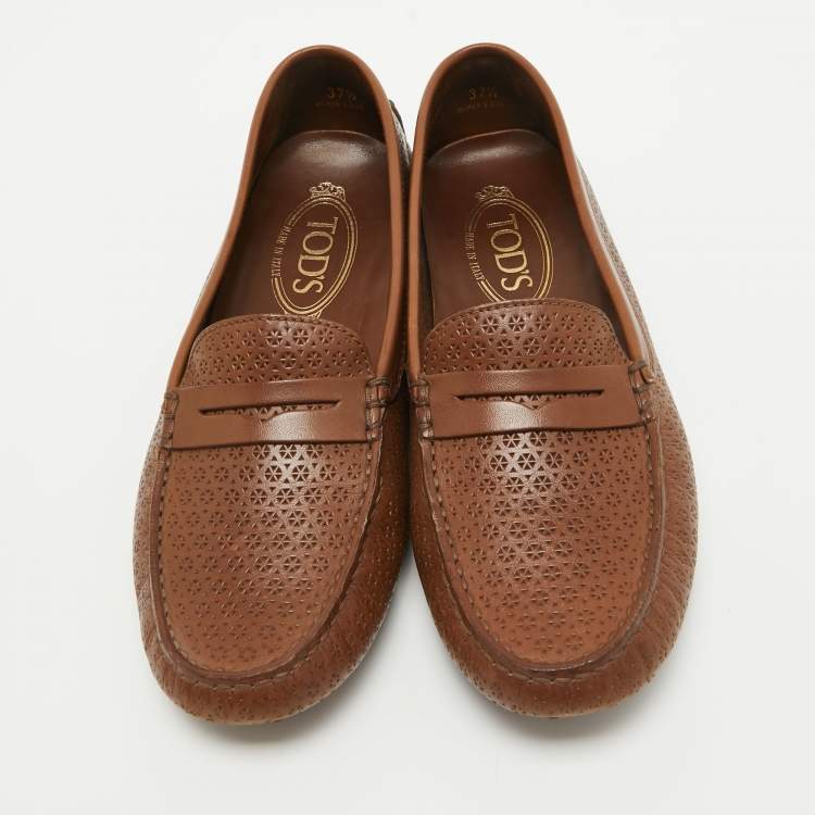 Pre Owned Tod's Brown Perforated Leather Penny Slip On Loafers Size 37.5