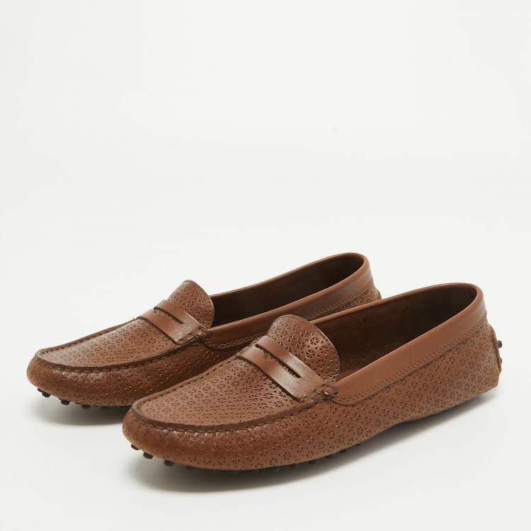 Pre Owned Tod's Brown Perforated Leather Penny Slip On Loafers Size 37.5