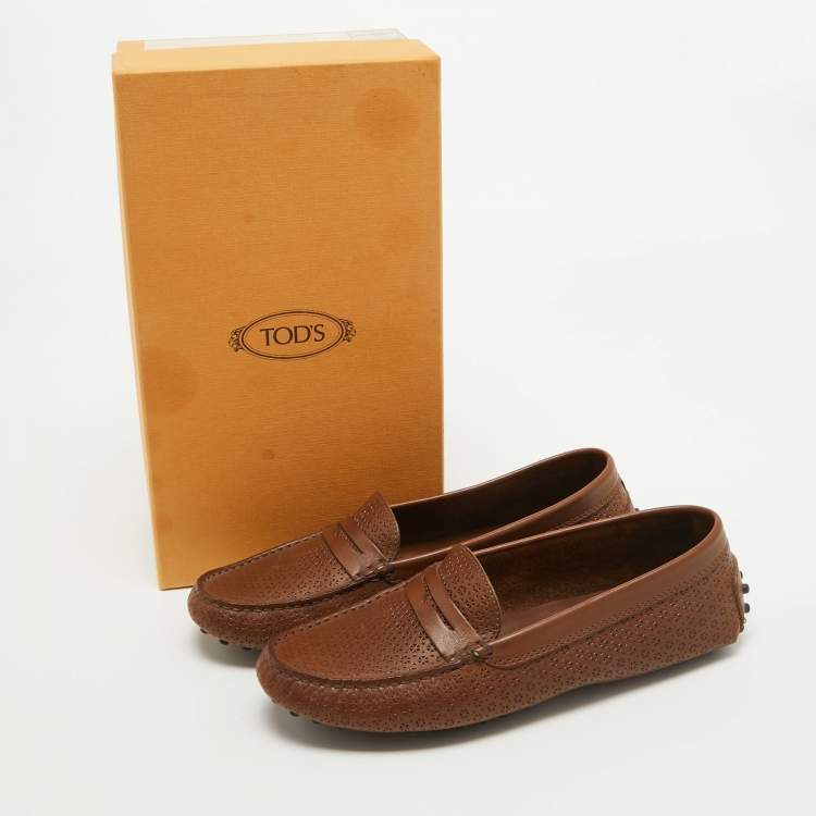 Pre Owned Tod's Brown Perforated Leather Penny Slip On Loafers Size 37.5