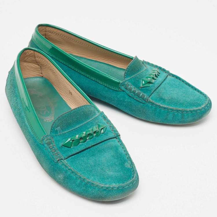 Pre Owned Tod's Green Suede and Patent Slip On  Loafers Size 39