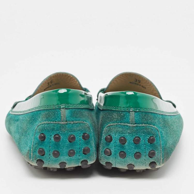 Pre Owned Tod's Green Suede and Patent Slip On  Loafers Size 39