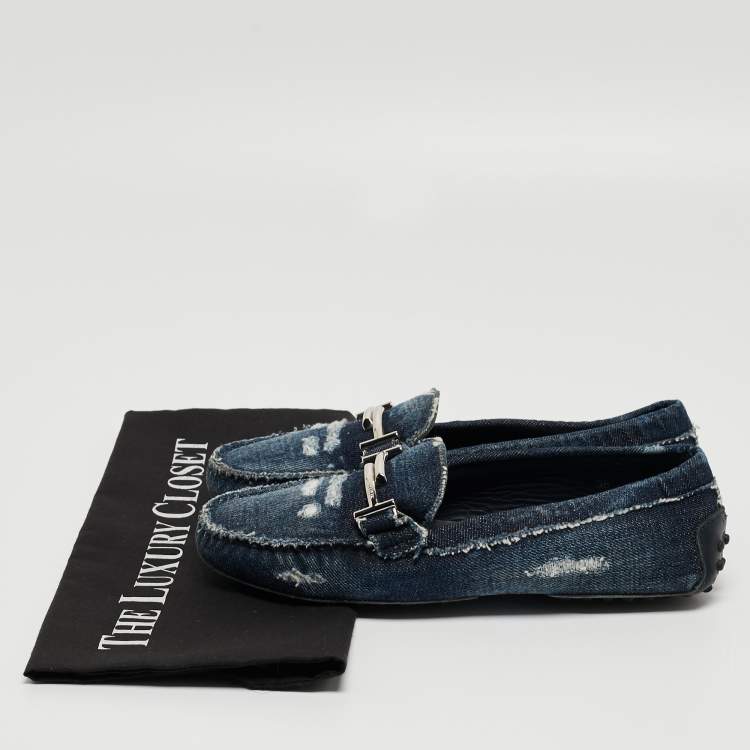 Pre Owned Tod's Navy Blue Denim Double T Slip On Loafers Size 36