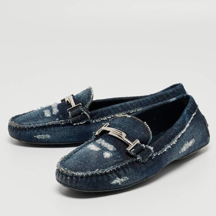 Pre Owned Tod's Navy Blue Denim Double T Slip On Loafers Size 36