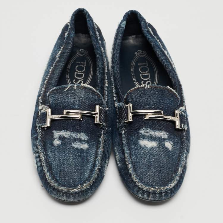 Pre Owned Tod's Navy Blue Denim Double T Slip On Loafers Size 36